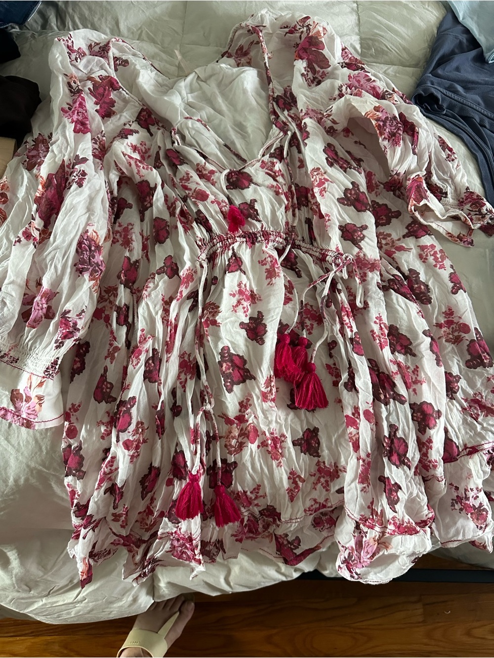 Free People White Mini Dress with Pink Floral Print and Tassels